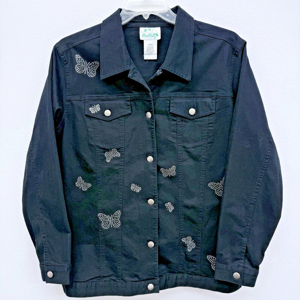 Quacker Factory Womens Large Black Denim Jacket Rhinestone Butterfly Design